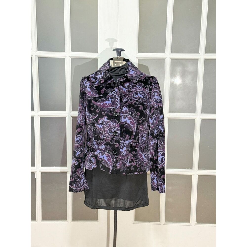 Vintage Charter Club Purple Paisley Velvet Button Front Jacket Blazer Petite XS